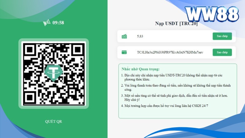 Nạp tiền WW88 qua USDT